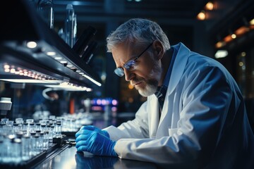 A skilled technician dons his pristine lab coat and gloves as he carefully examines the contents of various test tubes in the controlled environment of the laboratory - obrazy, fototapety, plakaty
