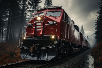 A powerful red locomotive glides along the outdoor railway track, surrounded by towering trees and rolling forest land, as the sky above watches its journey through the rugged terrain