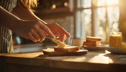Woman making toast with butter - obrazy, fototapety, plakaty