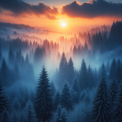 Foggy forest and the sun
