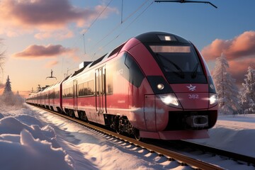 Fototapeta premium A vibrant red train glides gracefully through a snowy landscape, passing by a row of tall trees as it makes its way towards a bustling train station, offering a warm and cozy mode of transport for tr