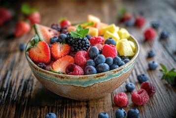 Rustic bowl filled with colorful fresh fruit, including berries, melon, and citrus