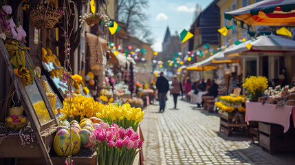Fototapeta na wymiar A charming Easter market square with stalls filled with handmade crafts, floral arrangements, and intricately decorated Easter eggs. The lively atmosphere captures the spirit of co