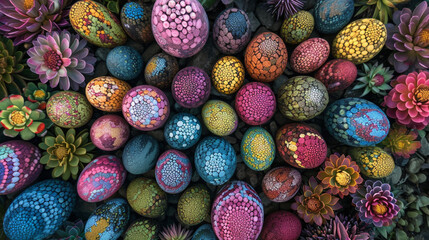 Fototapeta na wymiar An aerial view of an Easter egg garden, where colorful eggs are arranged in intricate patterns to create a visually stunning mosaic. The symmetrical design adds an artistic element