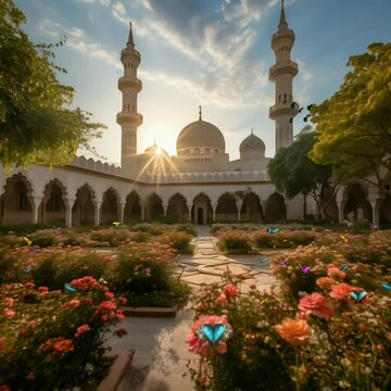 Full version 1:1 the beauty of the mosque courtyard in the morning with flower gardens, trees, colored butterflies and flying birds.  Peaceful atmosphere and vibrant nature in this short video. Ai