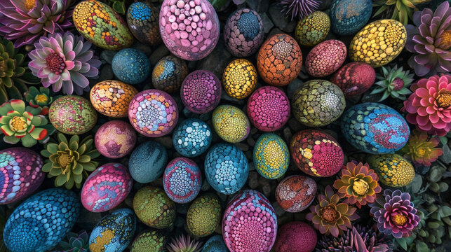 An aerial view of an Easter egg garden, where colorful eggs are arranged in intricate patterns to create a visually stunning mosaic. The symmetrical design adds an artistic element