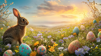 An idyllic countryside scene, with an Easter bunny nestled among wildflowers, overseeing a field of intricately decorated Easter eggs. The pastoral setting adds a touch of rustic c