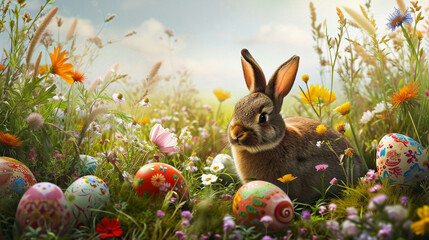 Fototapeta na wymiar An idyllic countryside scene, with an Easter bunny nestled among wildflowers, overseeing a field of intricately decorated Easter eggs. The pastoral setting adds a touch of rustic c
