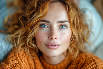 Close up of the beautiful face of a red haired woman with blue eyes