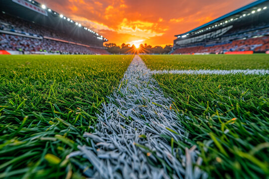 View from below along the sidelines of a football field in the middle of a football stadium