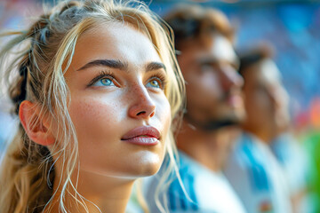 Close up portrait of a beautiful blonde spectator with blue eyes in a football stadium - obrazy, fototapety, plakaty