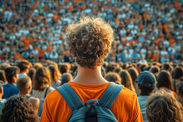 Back view of a male fan in a football stadium with a backpack - obrazy, fototapety, plakaty