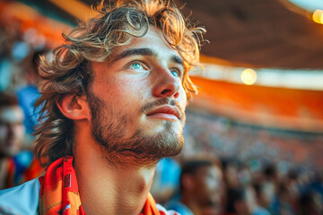 Frontal side view portrait of a male fan in a football stadium