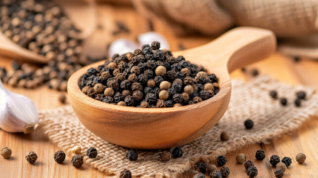 Whole Black Peppercorns in Wooden Bowl
