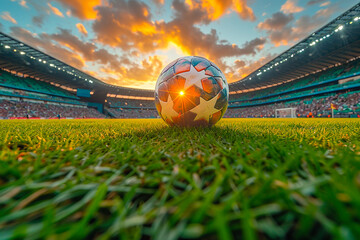 A colorful football lying on the grass in a big german stadium and the sun is shining