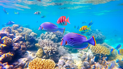 Naklejka na ściany i meble Bright colored underwater world. Coral reef and colorful fish underwater.
