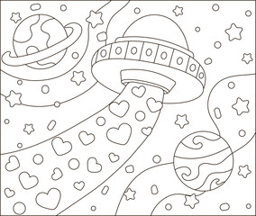Space love themed coloring page for kids with cute spaceship with heart shapes