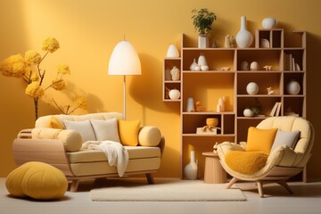 A cozy living room with bright yellow furniture and shelves filled with vases, lamps, pillows, and miniature objects, all beautifully arranged against a patterned wall, creating a stunning interior d