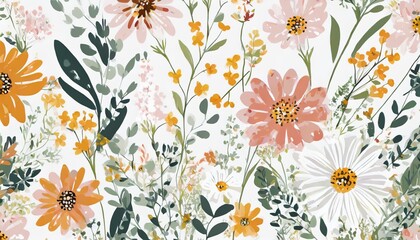 trendy hand drawn wild meadow florals flower bouquet illustration seamless pattern vector - obrazy, fototapety, plakaty