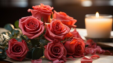 candles and red roses Happy Valentine's Day, Love Day, romance concept