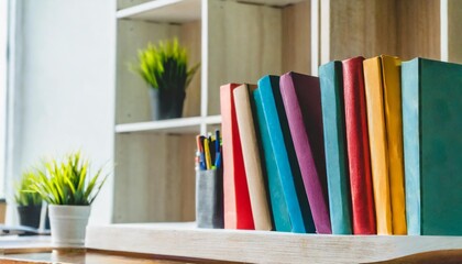 a white book shelf with multiple colorful books on it online meeting background education
