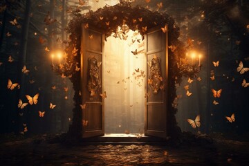 An image of a forest door with butterflies, lantern, and glowing entrance. Generative AI