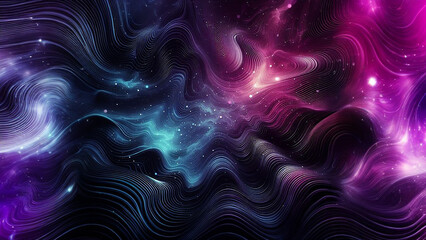 a cosmic-themed wavy background, imagining the ripple effect of energy through space. Use deep purples, blues, and blacks to convey a sense of mystery and wonder.