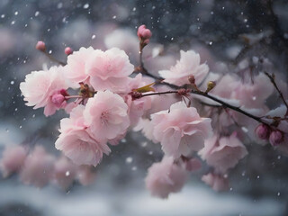 Capture the poetic impossibility of delicate cherry blossoms gently falling from the sky amidst a snowstorm.