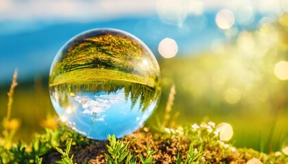 landscape reflected in crystal glass sphere closeup with bokeh blur and copyspace nature background