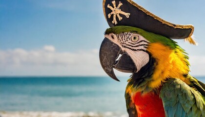 cartoon parrot dressed as a pirate with copy space