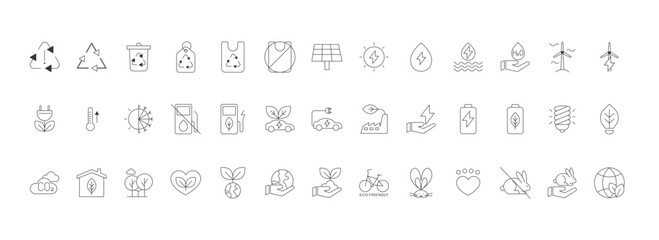 Eco friendly thin line icon set in minimalistic style. Electric car, global warming, wind power, organic farming, environment, nature, recycle, renewable energy.