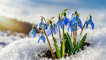 blue flowers snowdrops making their way from under the snow in early spring selective focus closeup...
