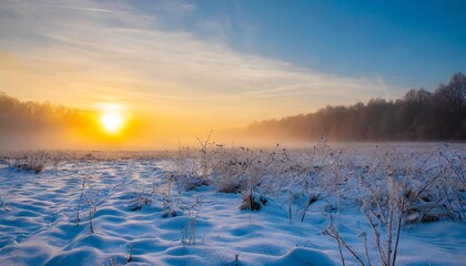 winter morning glorious scene with sun rising through the frosty fog over snowy meadow