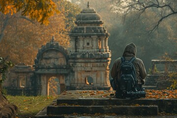Traveler with backpack sitting before ancient temples surrounded by autumn foliage.