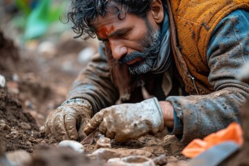 Naklejka premium Focused man with dirt on his face digging through mud, depicting hard work or archaeology.