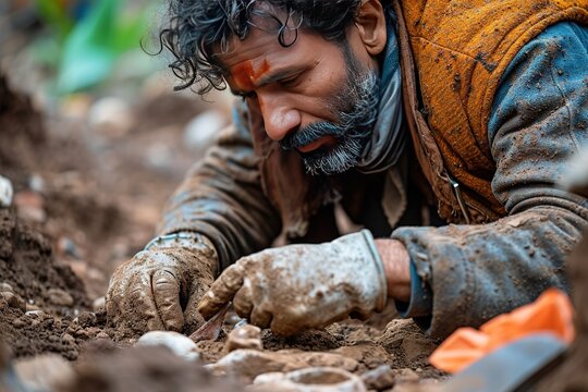 Focused man with dirt on his face digging through mud, depicting hard work or archaeology.