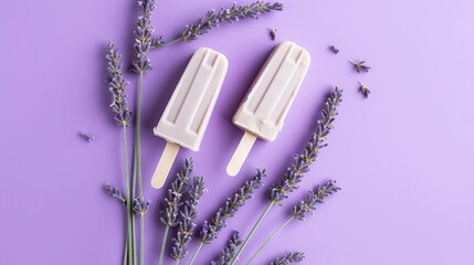 
Eco ice cream without sugar with lavender flavor on a wooden stick on a lilac background with a sprig of flowers.
Concept: Unusual taste of summer dessert, refreshing food. Banner with copy space