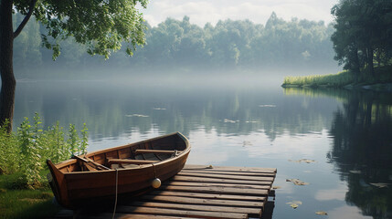 wooden dock, showcasing woodworking in architecture. Detailed wooden planks with natural textures, a small wooden boat tied to the dock, calm reflective water, surrounded by a lush forest, conveying a