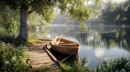 Küchenrückwand glas motiv wooden dock, showcasing woodworking in architecture. Detailed wooden planks with natural textures, a small wooden boat tied to the dock, calm reflective water, surrounded by a lush forest, conveying a © Gia