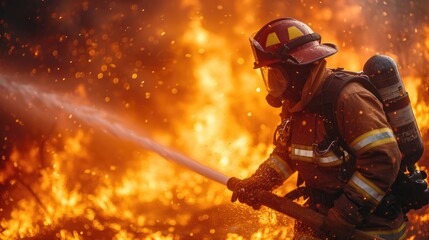 
A Firefighter Tackling Blazing Flames in a Residential Area, Wearing Protective Gear and Using a High-Pressure Hose