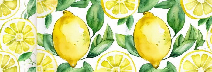 Watercolor seamless pattern with fresh ripe lemon with bright green leaves. cut citrus slices on white background. For designers, postcards, party Invitations, wrapping