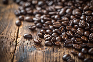 coffee beans scattered on a wooden table, with natural sunlight highlighting their texture and deep brown color, creating a warm