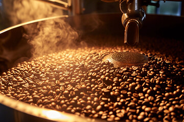 
Coffee beans being roasted in a drum roaster, capturing the action and transformation of the beans, with visible steam and a warm