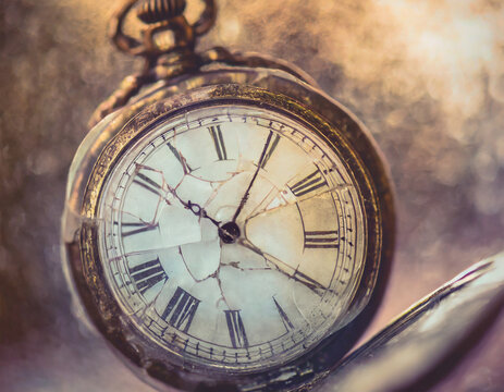 Time out concept. Cracked antique clock. Retro style clock. Generative Ai