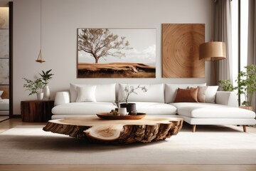 Interior home design of modern living room with white sofa and live edge accents dry tree trunk coffee table with wooden furniture and houseplants