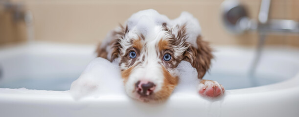Funny portrait of a cute puppy of red merle australian shepherd showering with shampoo, taking a bath in grooming salon - obrazy, fototapety, plakaty