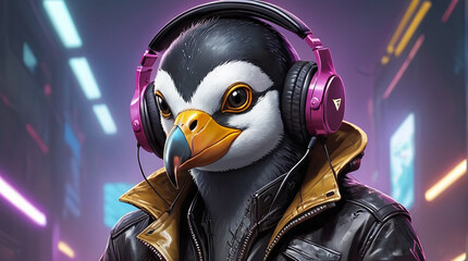 Yellow-Eyed Penguin Synthwave Serenity Down Under by Alex Petruk AI GENERATED - obrazy, fototapety, plakaty