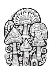 Mushrooms vector doodle illustration, coloring page for adults
