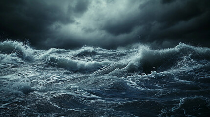 Waves in a stormy sea, showcasing the power and energy, dark ominous clouds above, realistic depiction of turbulent water, high waves, and strong winds