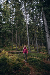Fototapeta na wymiar a woman in a pink jacket travels through the mountains. go on a hike with friends. a woman stands in the middle of a spruce forest